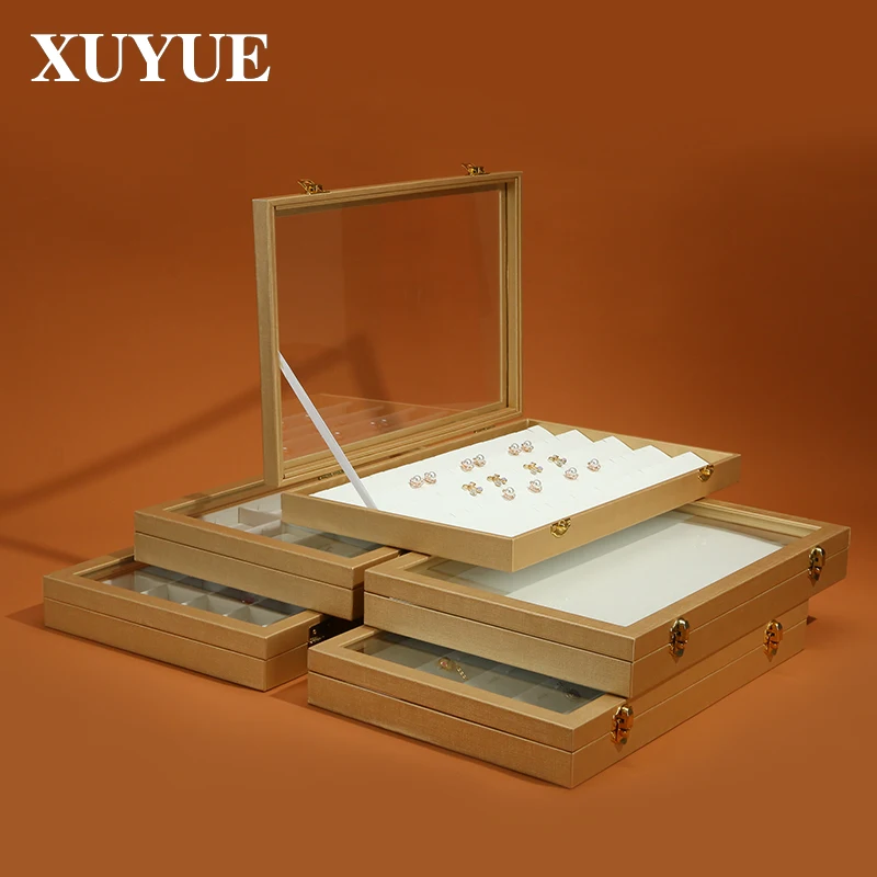 Gold White Thousand Silk PU Glass Cover Jewelry Tray Necklace Pendant Ring Storage Tray Jewelry Storage Tray