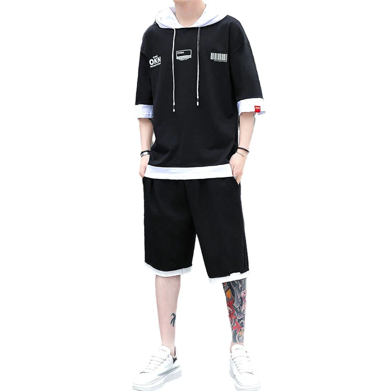 

Men's Short Sets 2021 Summer Trend Print Hoodies+Shorts Two Pieces Sports Suit Jogging Loose Male Tracksuit Casual Clothes