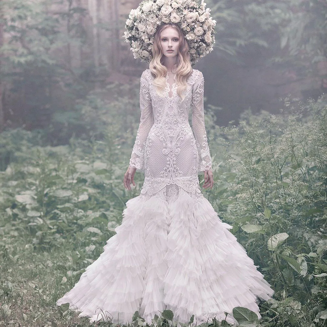 

Elegant Mermaid Wedding Dress High V-Neck Long Sleeve See-Through Lace Applique Bridal Gown Floor Length Tulle Evening Gowns