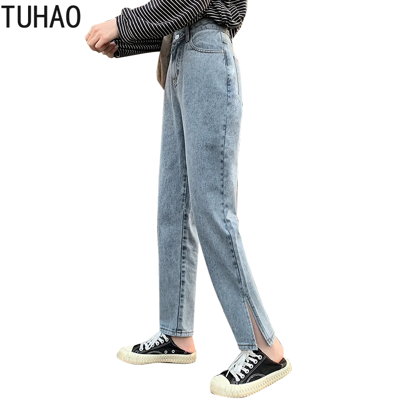 

TUHAO Woman Casual Denim Jeans Women Split Retro Waisted Jean Haren Pants Jeans Office Lady Boyfriend Jeans for Female WM100