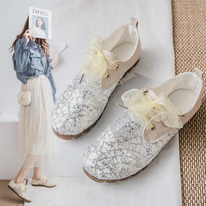 

Summer New Fashion Single Shoes Flat-Bottomed Comfortable And Exquisite Rhinestone Lace Breathable Ladies Casual Shoes.