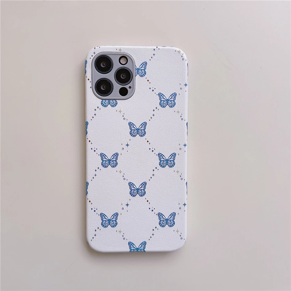 

INS Hot Blue Betterfly Phone Case for iPhone 12 11 Pro XS Max XR X 7 8 Plus SE 2020 Soft PU Leather Back Cover Coques Women Cute