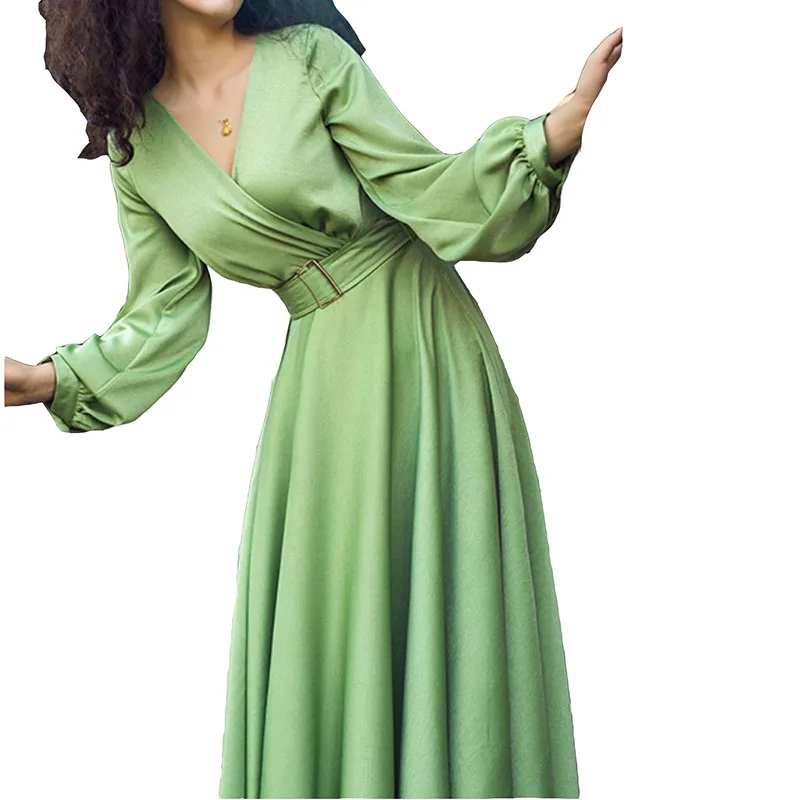 Женское длинное платье с авокадо зеленое тонкой талией весна-осень 2021 NBH12 |