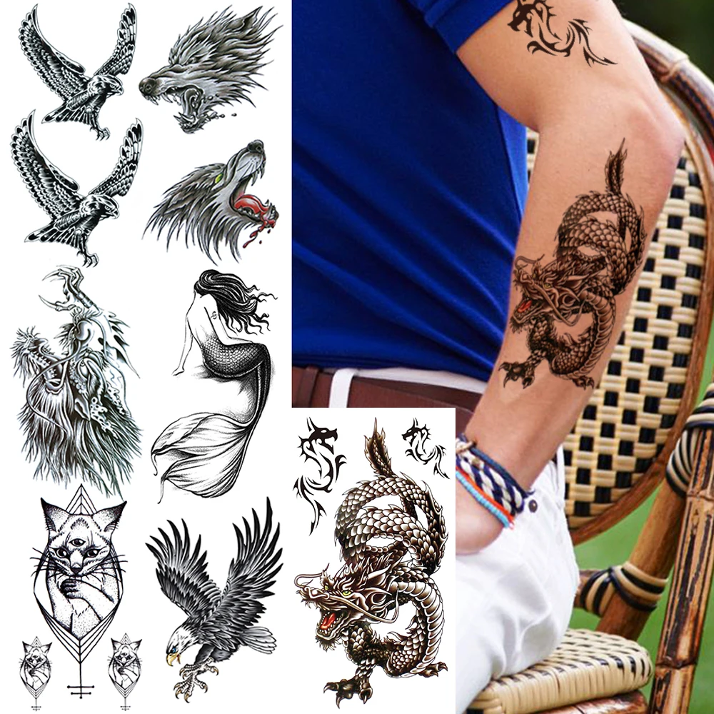 

Realistic Dragon Fake Temporary Tattoo For Men Women Black Eagle Mermaid Tattoos Paper Sticker Geometric Cat Lion Tatoo Body Arm