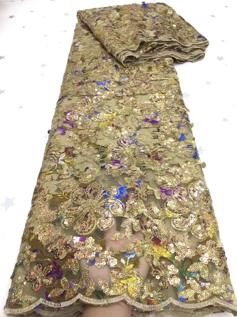 

Amazing Gold Party Tulle Fabric French Net Lace Cloth With Sequins For Dress PAN563 (5Yards/Lot)