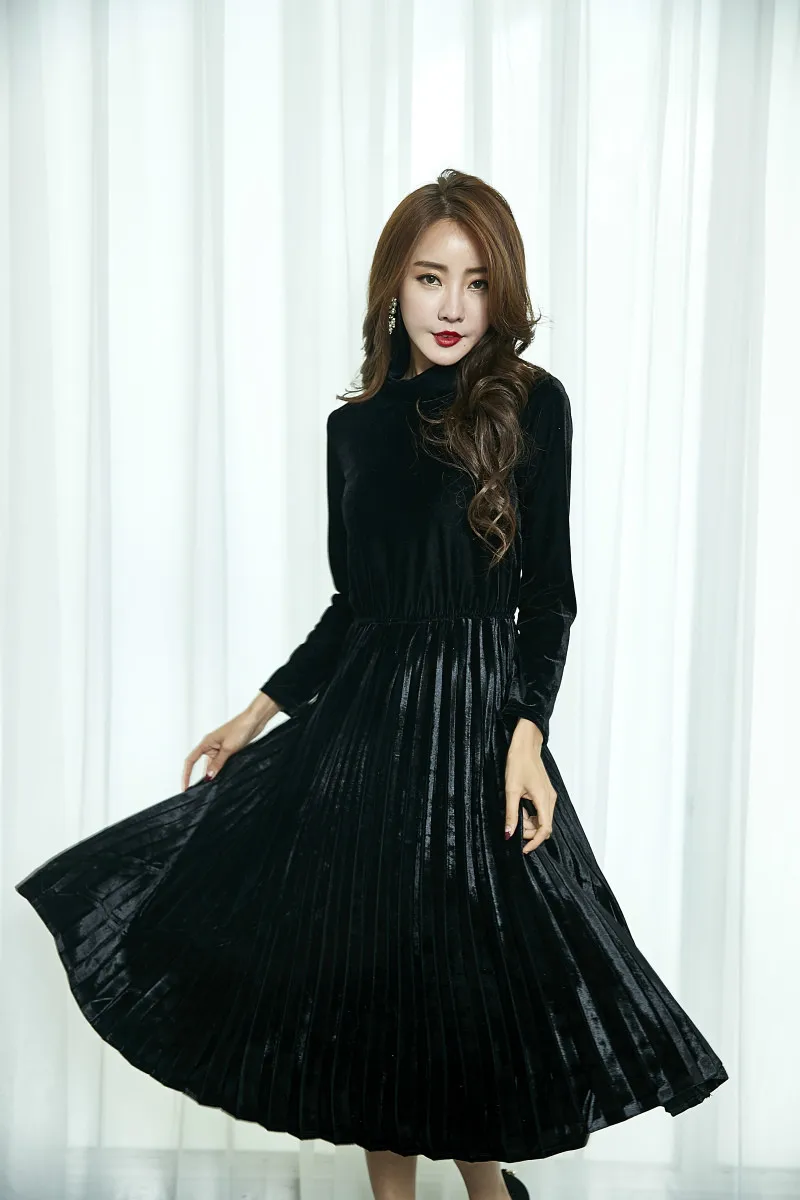 Мода 2020 бархатные женские осенне-зимние плиссированные винтажные платья Зеленое