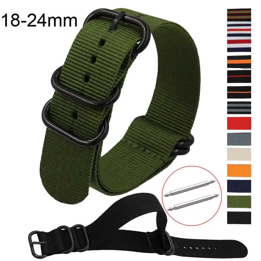 

Полосатый холщовый ремешок для НАТО, нейлоновый ремешок для часов, ремешок для наручных часов, 18 мм, 20 мм, 22 мм, 24 мм, спортивный браслет с пять...
