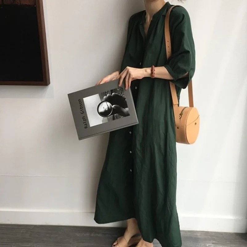 

GOOHOJIO 2020 Temperament V-neck Single-breasted Ladies Shirt Dress Fashionable Short Sleeves Dresses Female Autumn Women Dress