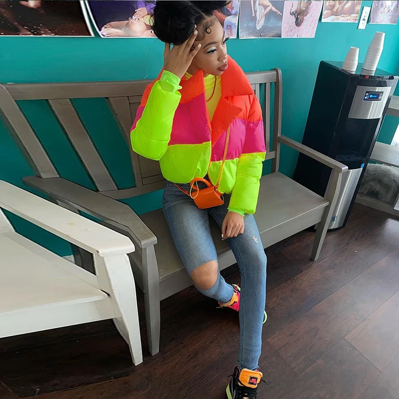 

Padding Puffer Funnel Neck Jacket Coats Patchwork Winter Warm Streetwear Baddie Clothes Long Sleeve Fashion Outerwear