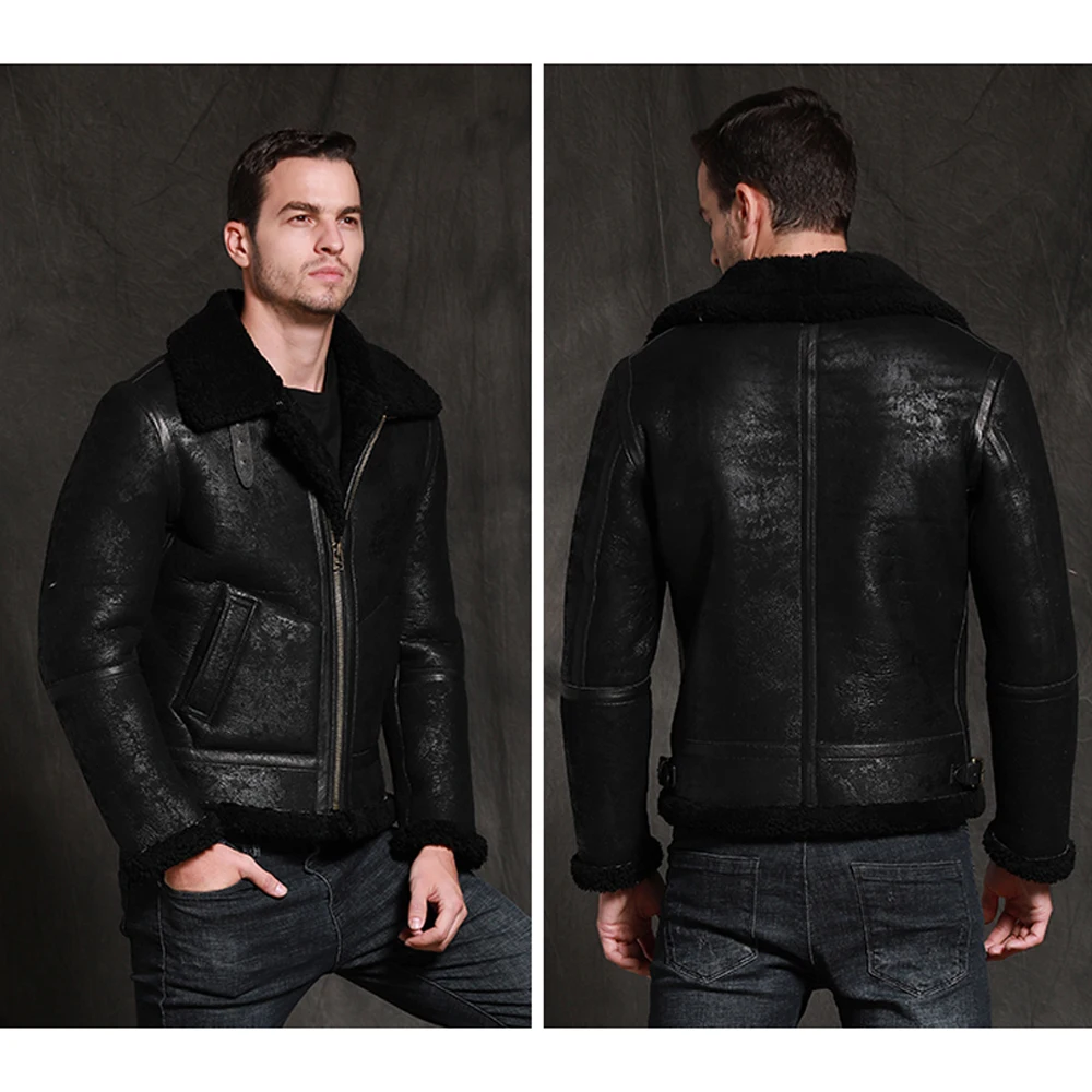 Мужская короткая куртка из натуральной кожи SANI черная утепленная овчины с мехом