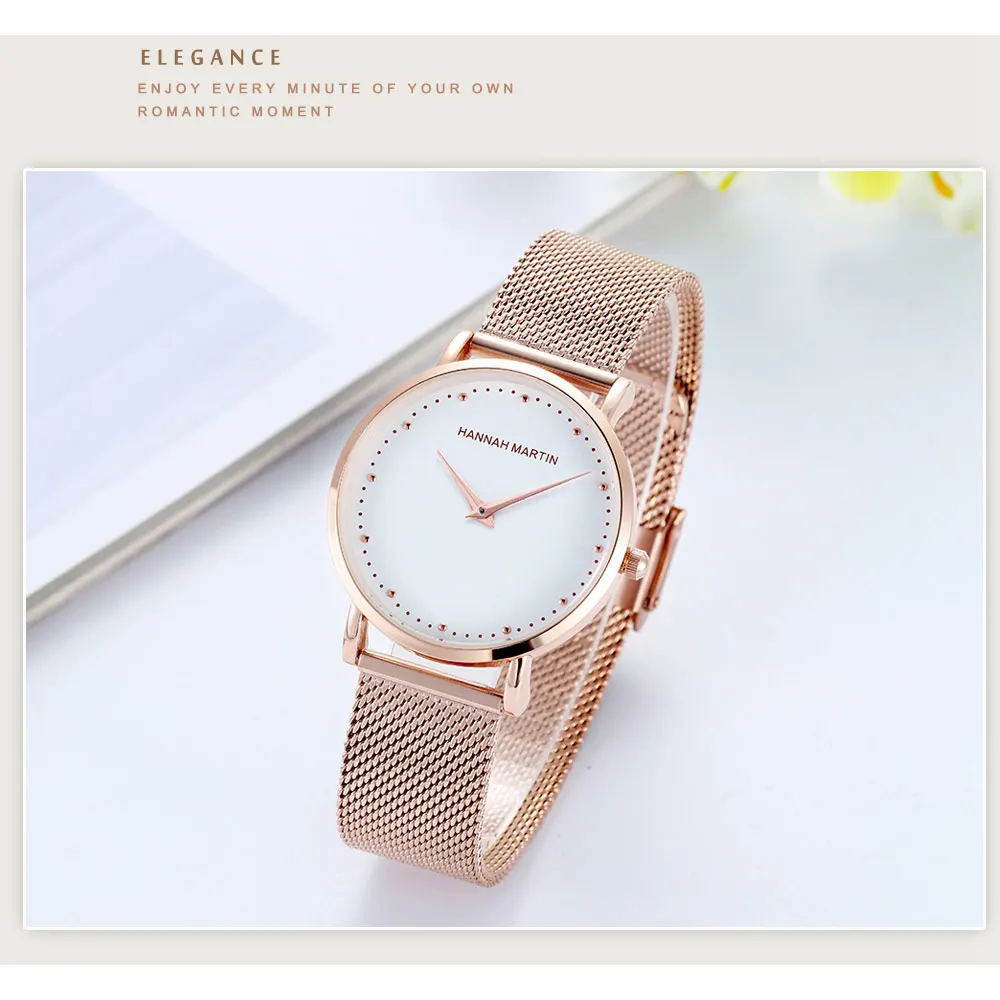 Часы Hannah Martin женские кварцевые из розового золота брендовые Роскошные наручные