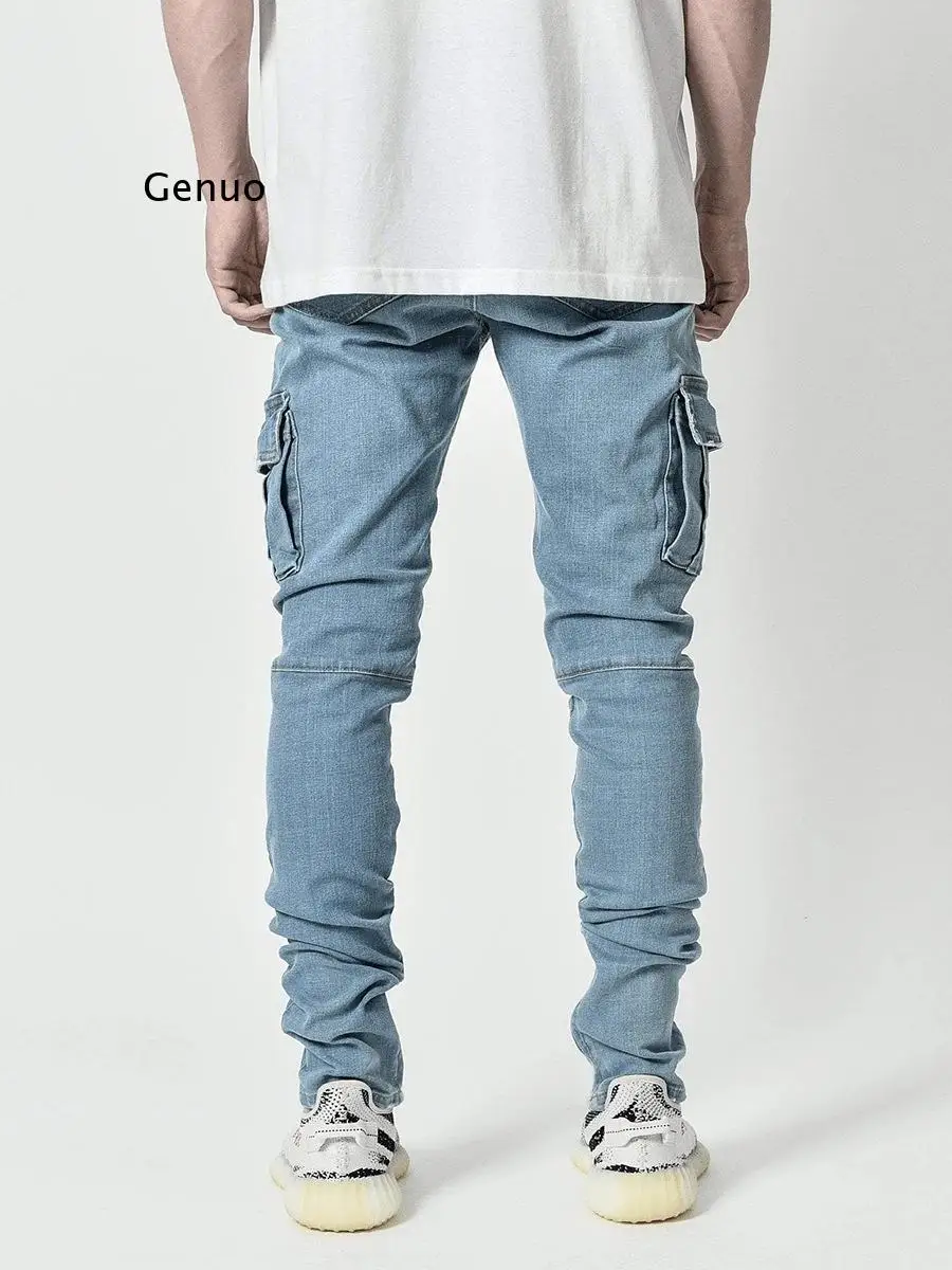 Jeans Men Pants Casual Cotton Denim Trousers Multi Pocket Cargo Jeans Men New Fashion Denim Pencil Pants Side Pockets Cargo