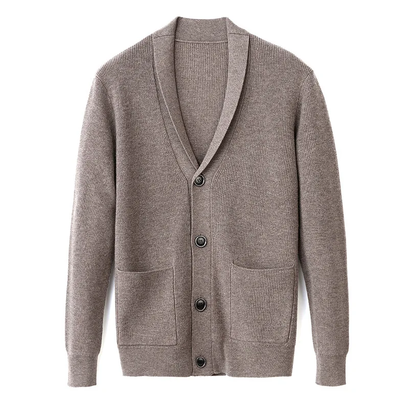 

100% Wool Thick Warm Anti-wrinkle Quality Fashion Knitted Winter Knitwear Male Single Breasted Long Sleeve Men Cardigan Sweater