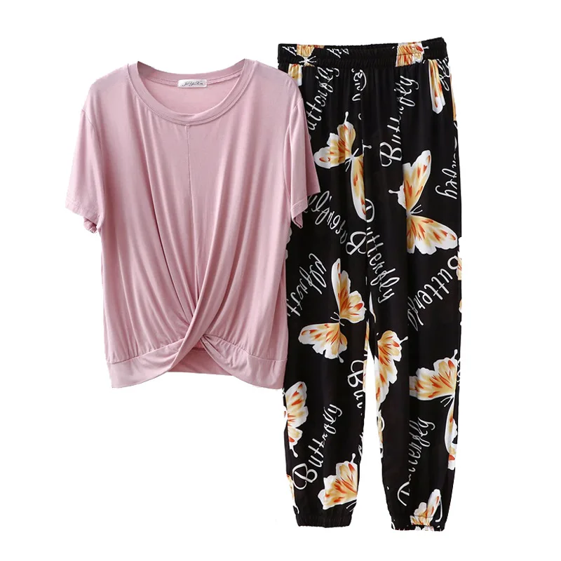 

Summer Womens Lounge Sets 2 Piece Modal Short Sleeve T-Shirts Viscose Harem Pants Female Sleepwear Home Suit Pajamas For Women