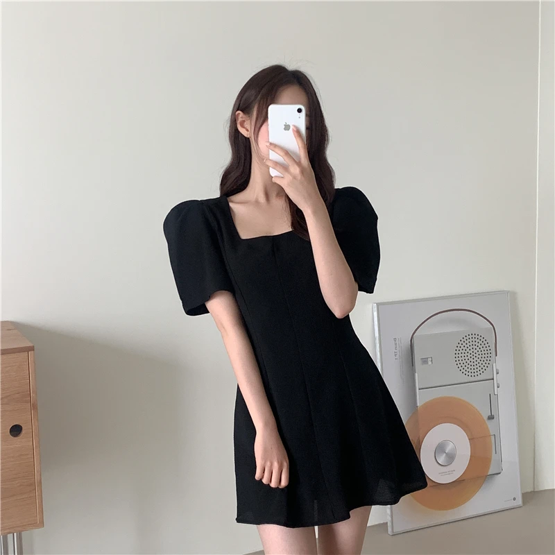 

Korejpaa Women Dress 2021 Summer Korean Fashion Chic Temperament Gentle Elegant Square Collar Slim Bubble Sleeve A Short Dresses
