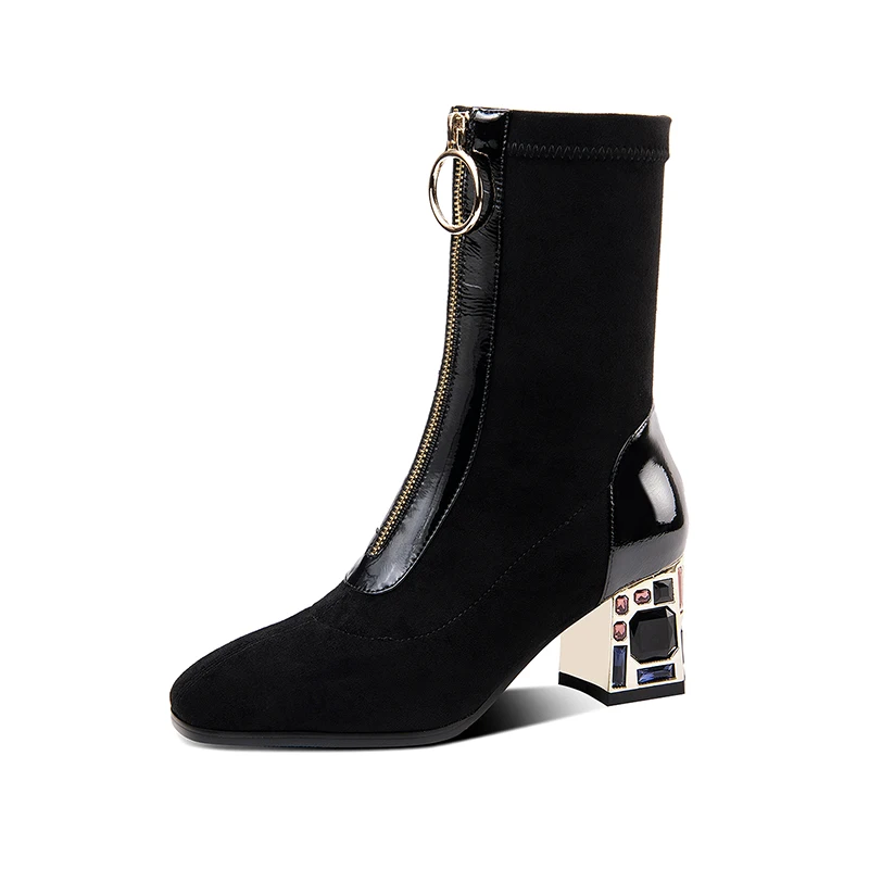 

Retro Mid-Calf Boots 2020 Winter Newest Cow Leather High Heels Shoes Woman Platform Working Motorcycle Boots