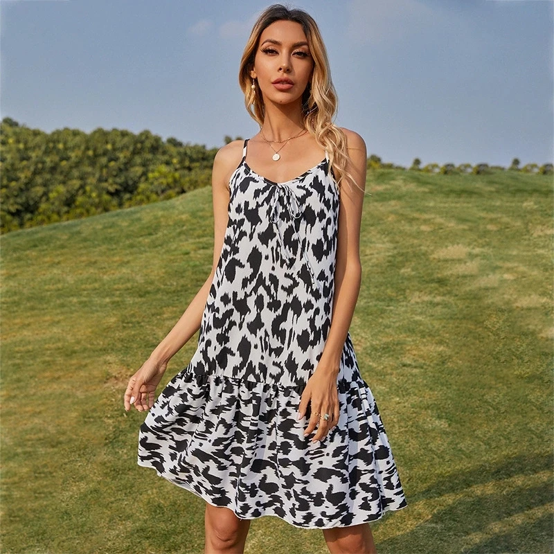 

Women's Cow Sling Summer Casual Swing Dress With Ruffle