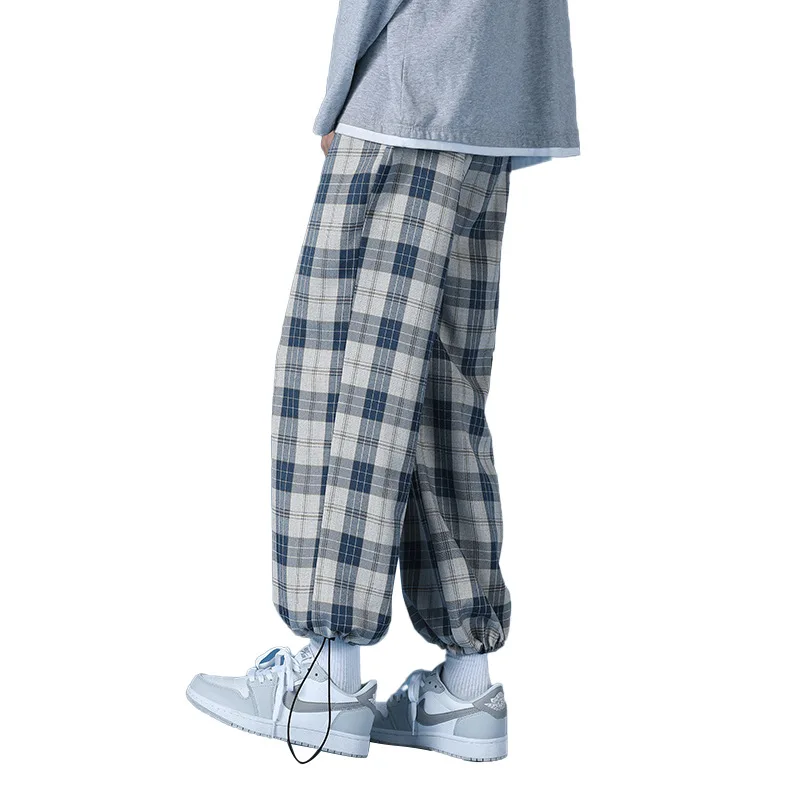 2021 hot spring loose check trousers wide leg pants casual sports pants harajuku street style korean fashion brand mens wear free global shipping