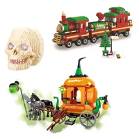 christmas train tree building blocks mini skull halloween witch pumpkin car model with figures bricks set toys for children gift