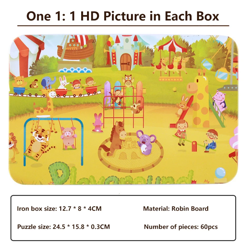 

60PCS/box Kids Cartoon Iron Puzzle Box Animal Transport Children Wooden Puzzle Montessori Early Education Toy