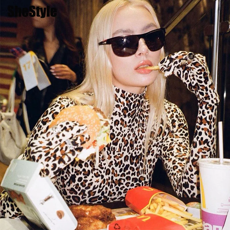 Женское боди с леопардовым принтом Shestyle длинным рукавом и высоким воротником