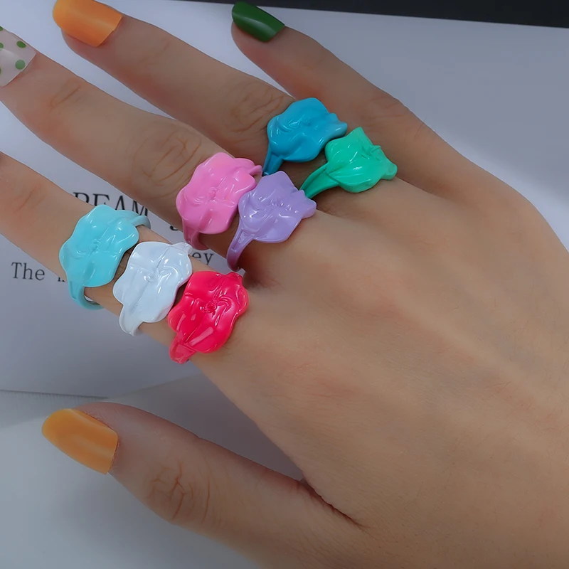 

2021 Korea Colorful Fashion Resin Fruit Ring Set Metal Geometric Irregular Open Rings for Women Party Wedding Jewelry Ring Set
