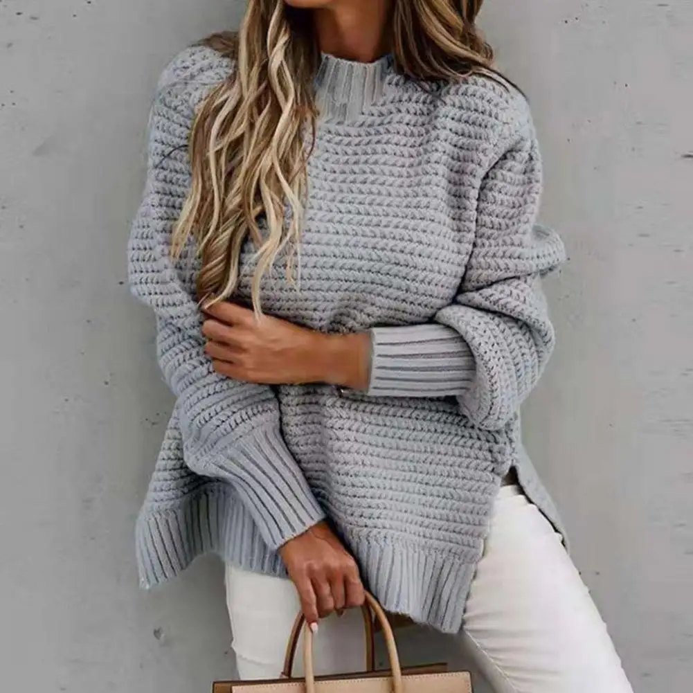 

Hot！Top Women's Sweater Bilateral Split Sweater Loose Warm Winter Clothing Ribbing Cuff Lantern Sleeve Knitted Top Daily Wear