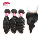 Пряди человеческих волос Ali Queen с 4X4 кружевной застежкой, бесплатная часть, предварительно выщипанные бразильские свободные волнистые натуральные пучки волос с застежкой