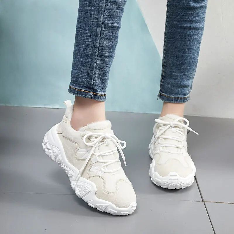 Женские меховые кроссовки теплые зимние для бега спортивная обувь на массивной