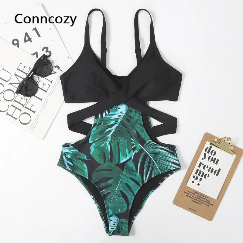 

Сексуальный купальник в стиле ретро с принтом листьев, сплошной купальник, бандажный купальник с лямкой на шее, женский сплошной купальный ...