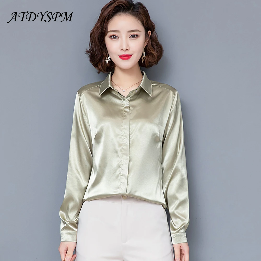Женская атласная шелковая блузка элегантная рубашка с длинным рукавом для офиса