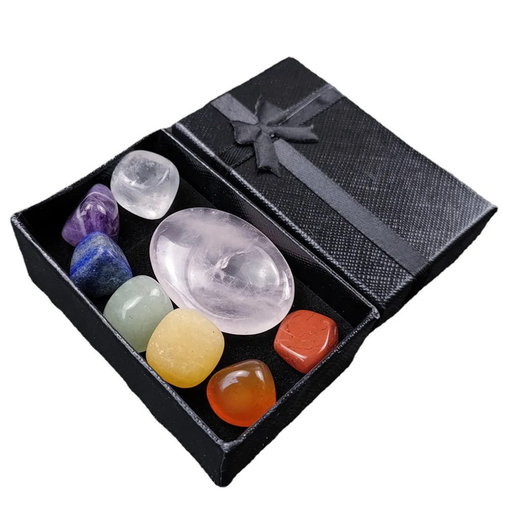 

Seven Chakras Tumble thumb scrapping plate Set Energy Gems Crystal Healing Obsidian Tiger Eye chakela Palm Stones Gift Box