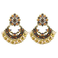 indian vintage gold metal pearls beads earrings for women boho carved flower pendientes statement earring bridal wedding party