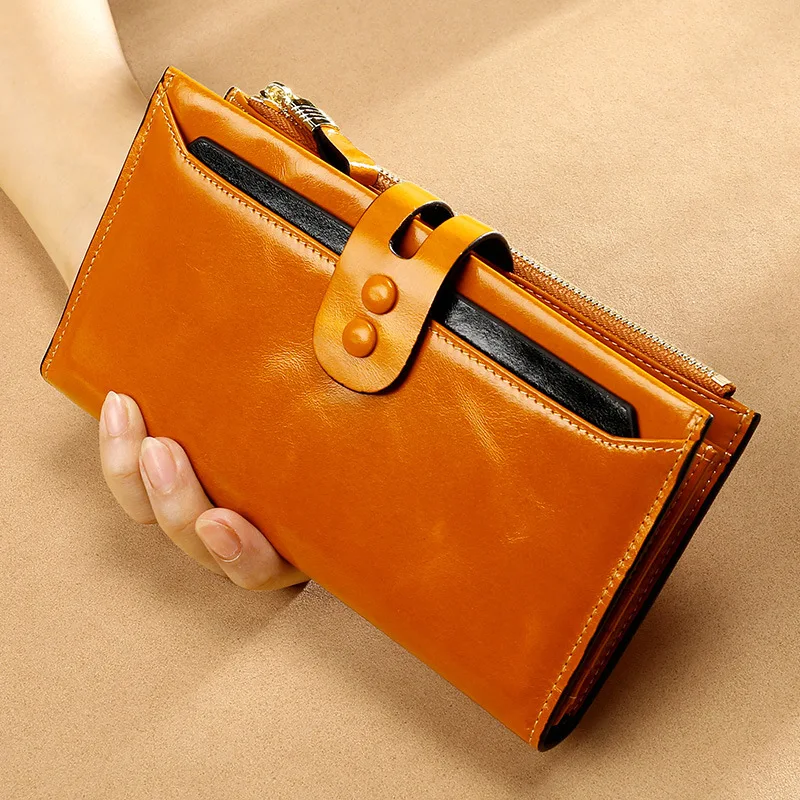 

Fashion Genuine Leather Women Wallets Long Large Capacity Hasp Zipper Card Holder Wallet Purse Oil Cowhide