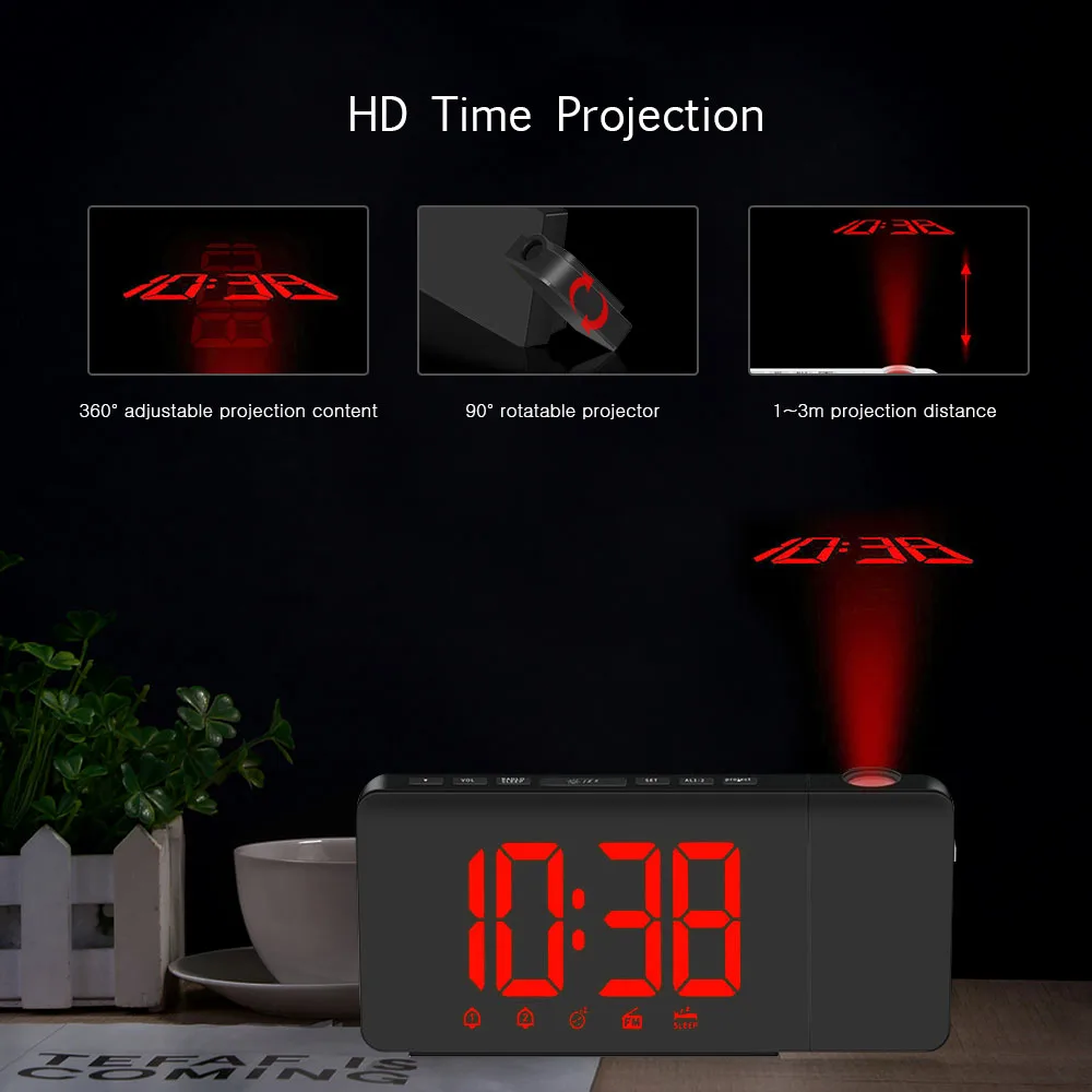 Будильник с FM радио вращающийся проектор функция повтора Настольный цифровой