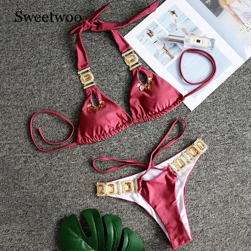 Соблазнительное бикини со стразами 2020 женский купальник-бандо с лямкой на шее