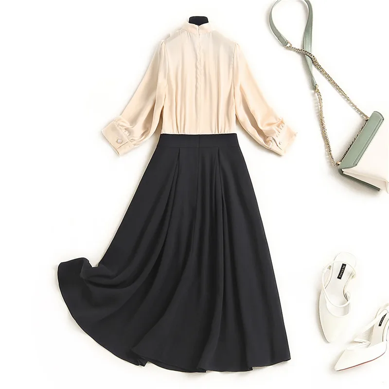 

2021 New Spring Elegant Designers Bow Collar Ruffles Patchwork Solid Contrast Color Dress Women Fashion Clothes Casual Robe