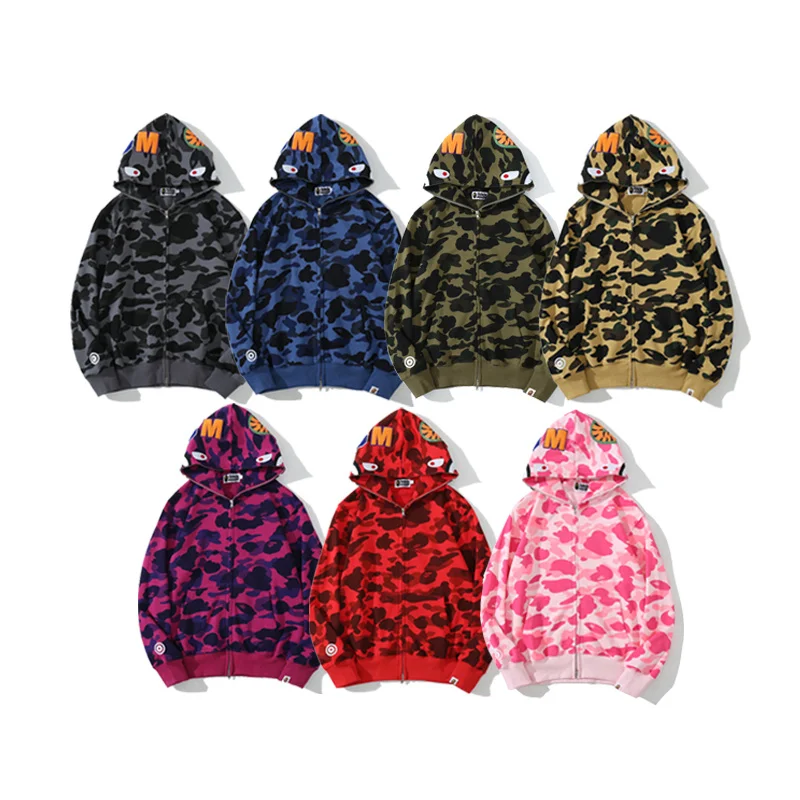 

Осень 2021, толстовки с капюшоном Bape Shark head с оригинальным ярлыком, камуфляжный пуловер, махровый свитер с капюшоном, куртка на молнии, топы
