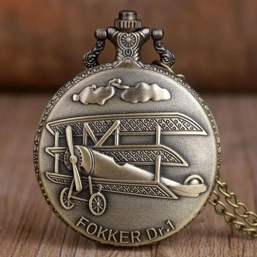 

Steampunk Bronze Fokker Dr.1 sculpture 3D aircraft Pattern Retro Quartz Pocket Watch with Chain Necklace Pendant Men Women Gift
