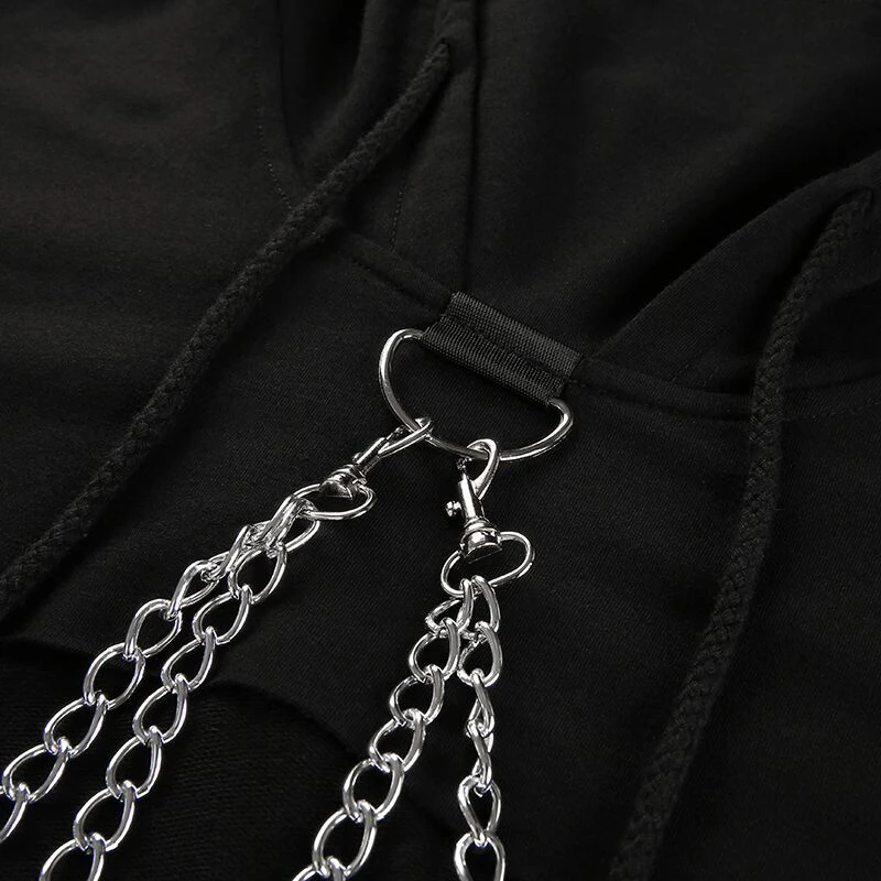 Women Hoodies Autumn Hip Hop Long Sleeve Cute Solid Color Off-Shoulder Casual Loose Hooded Short Sweatshirt With Metal Chain
