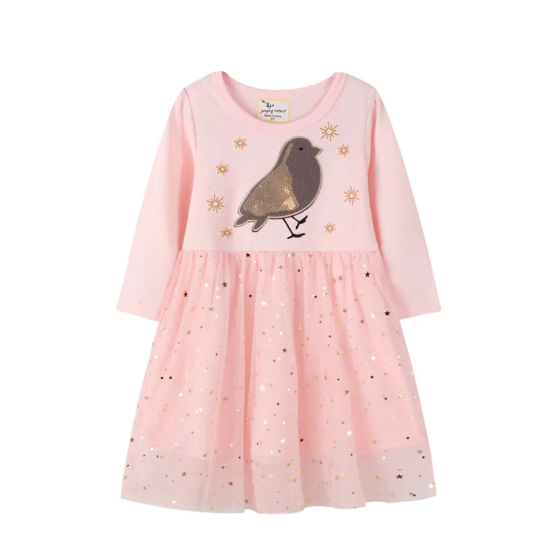 

Сетчатое платье с длинным рукавом для девочек, осенне-зимние хлопковые платья-пачки для девочек, с вышивкой бусинами и птицами, с небольшим подолом в виде звезд