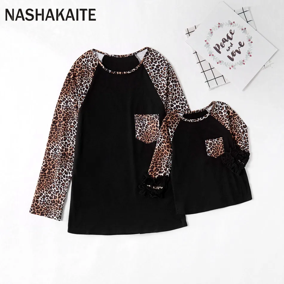 Black NASHAKAITE/Одежда для мамы и дочки Леопардовый принт пэтчворк, топы, Лидер продаж, семейная футболка с длинными рукавами, карманами и круглым вырезом - Цвет: Black