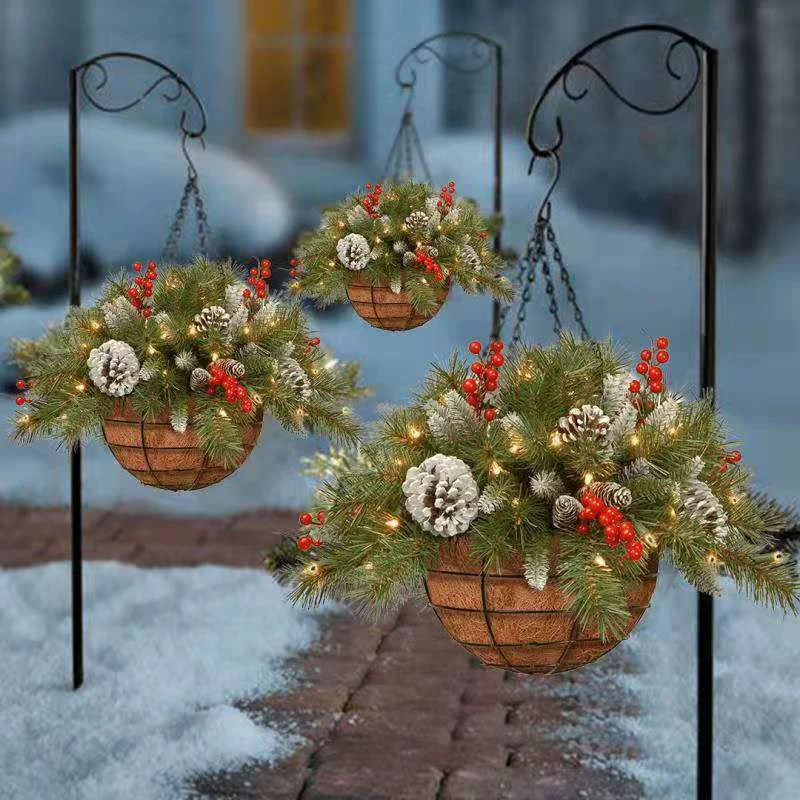 

New Christmas Hanging Basket Garland with White LED Light Red Berries Pine Cones Snow for Door Window Home Decoration Xmas Gift