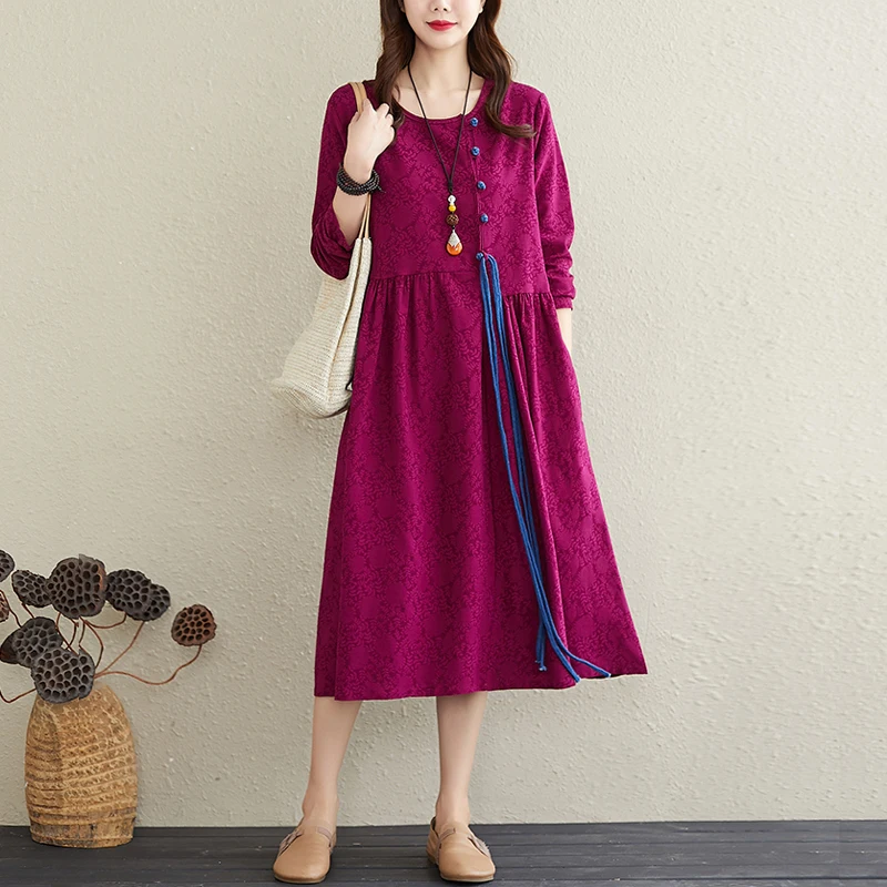 Осень 2020 художественное ретро платье с лягушками на шнуровке из хлопка и льна