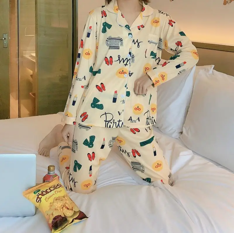 

Ladies Fashion Loose Button Lapel Long Sleeve Long Pants Printed Pajama Set