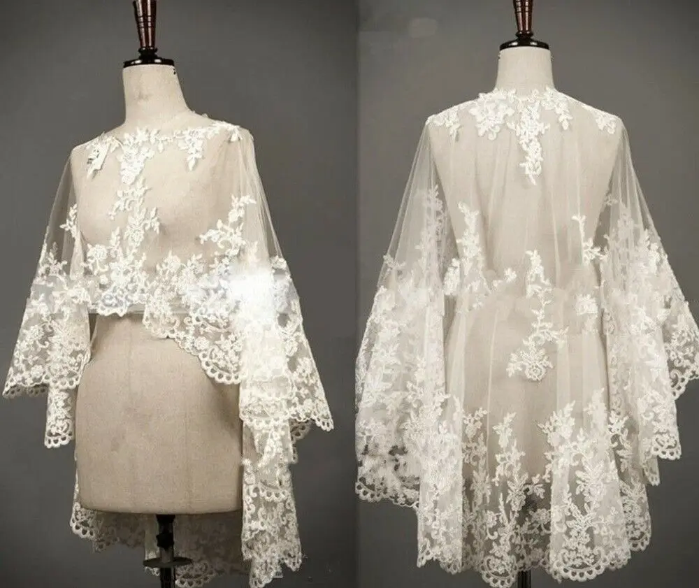 

GOHYPDUG 2020 Wedding Cape Lace Hem Bridal Jackets Elegant Shawl White Ivory Shrugs For Bride Appliques Bride Wrap