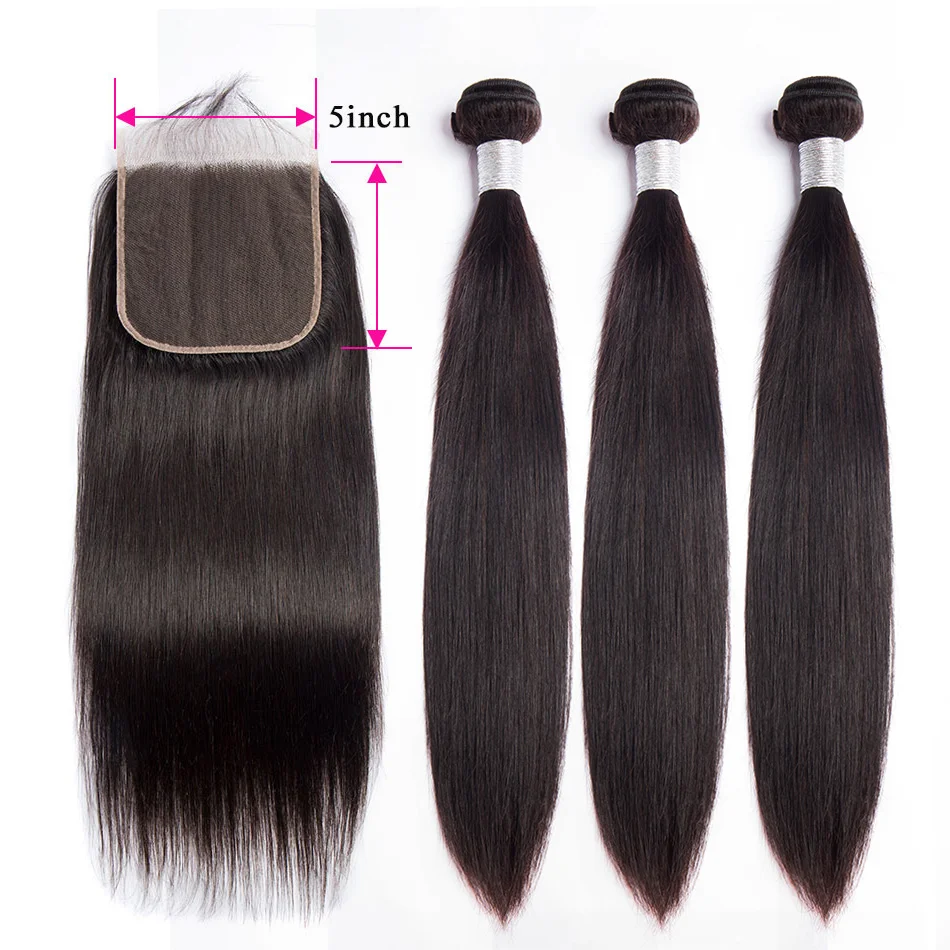 Прямые волосы 5х5 кружева с пучками Remy бразильские натуральные кудрявые пучки волос закрытием Alibele 4 3 пучка|3/4