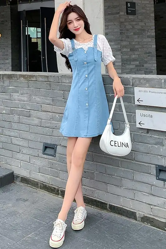 

COIGARSAM Women One Piece Korea Dress Summer 2021 New Casual Short Sleeve Slash Neck Puff Sleeve Suspenders High Waist Dresses