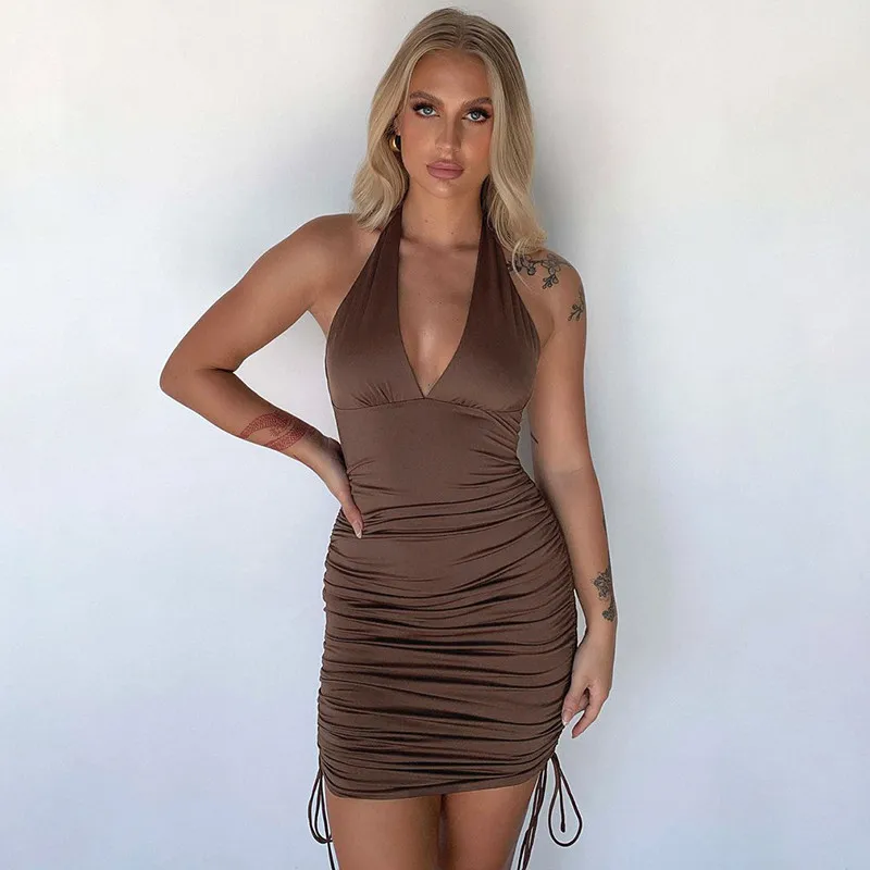 

Женская летняя обувь Bodycon Платья вечерние Клубные одноцветное глубокий v-образный вырез с лямкой через шею, с низким вырезом на спине, с рюша...