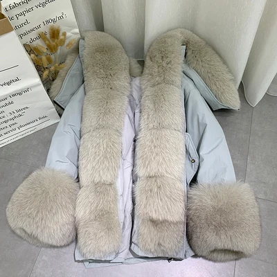 Корейская уличная куртка на белом утином пуху, Женская длинная парка с большим воротником из натурального меха, пальто с настоящим мехом, модная новая зимняя куртка - Цвет: 2